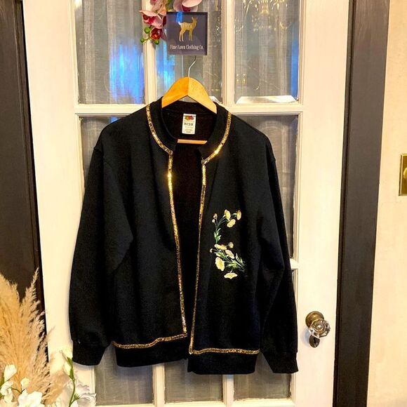 Handcrafted Cold Sequin and Floral Embroidered Black Cardigan - Picture 1 of 12